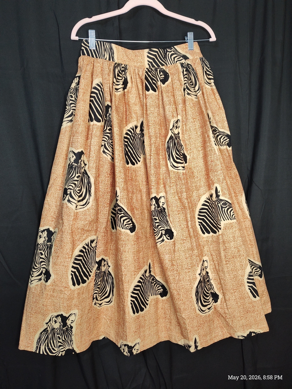 Anthropologie Sika 100% Cotton Tan Black Zebra-Head A-Line Midi Skirt Sz4